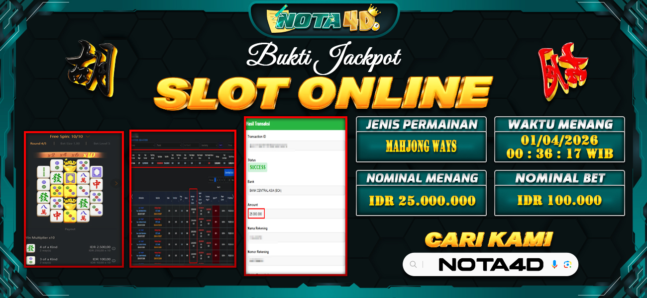 Bukti Kemenangan Besar Dibayar lunas Member NOTA4D RP 25.000.000, 1 April 2026