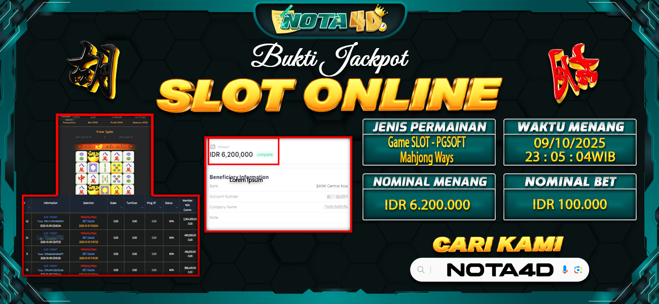 Bukti Kemenangan Besar Dibayar lunas Member NOTA4D RP 6.200.000, 10 Oktober 2025