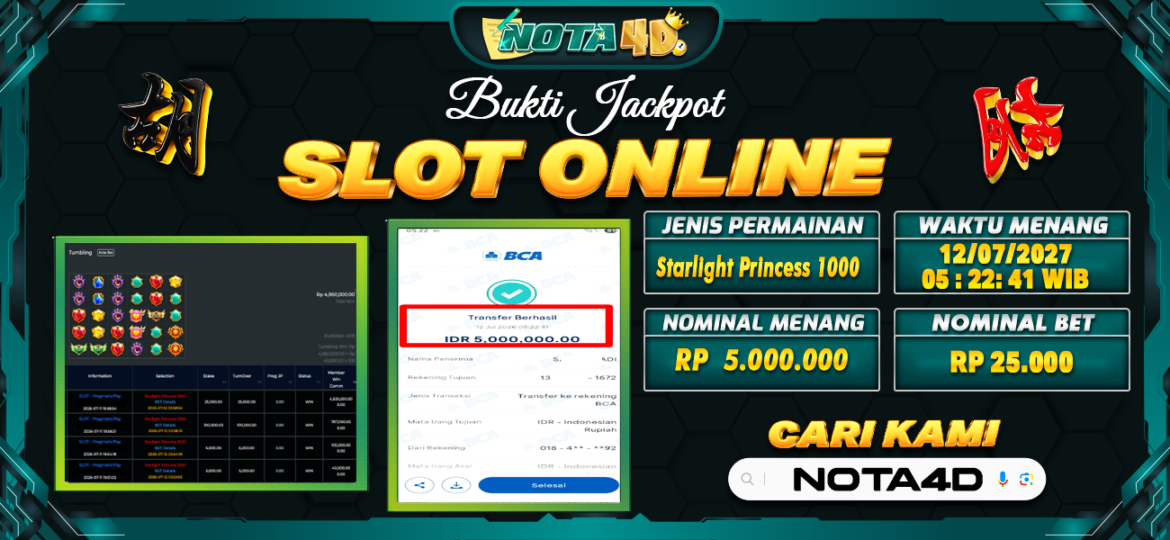 Bukti Kemenangan Besar Dibayar lunas Member NOTA4D RP 5.000.000, 12 Juli 2026