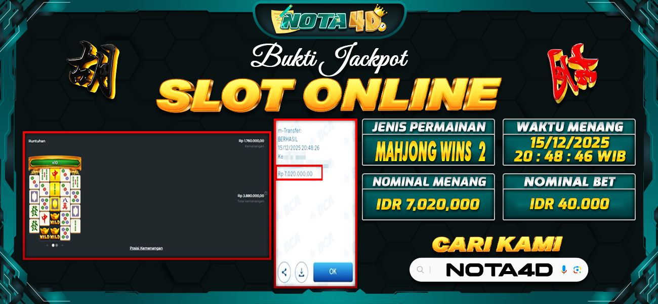Bukti Kemenangan Besar Dibayar lunas Member NOTA4D RP 7.020.000, 15 Desember 2025