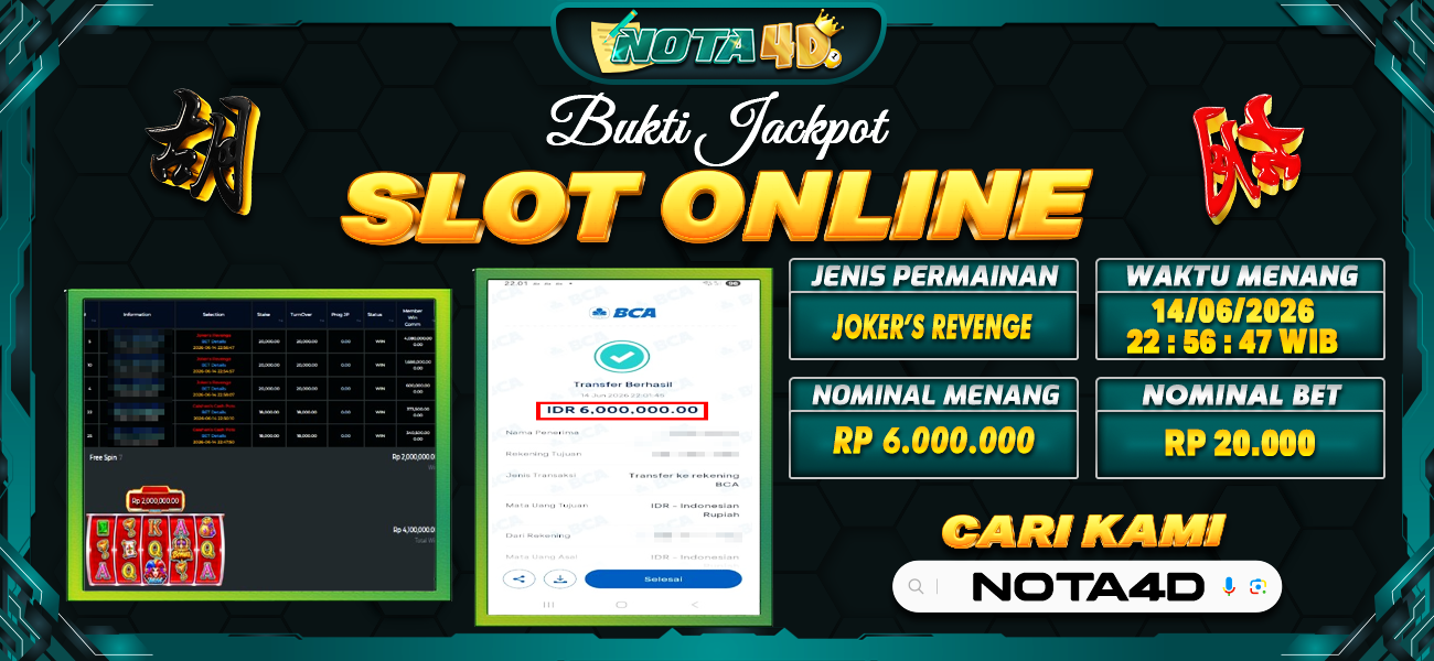Bukti Kemenangan Besar Dibayar lunas Member NOTA4D RP 6.000.000, 15 Juni 2026