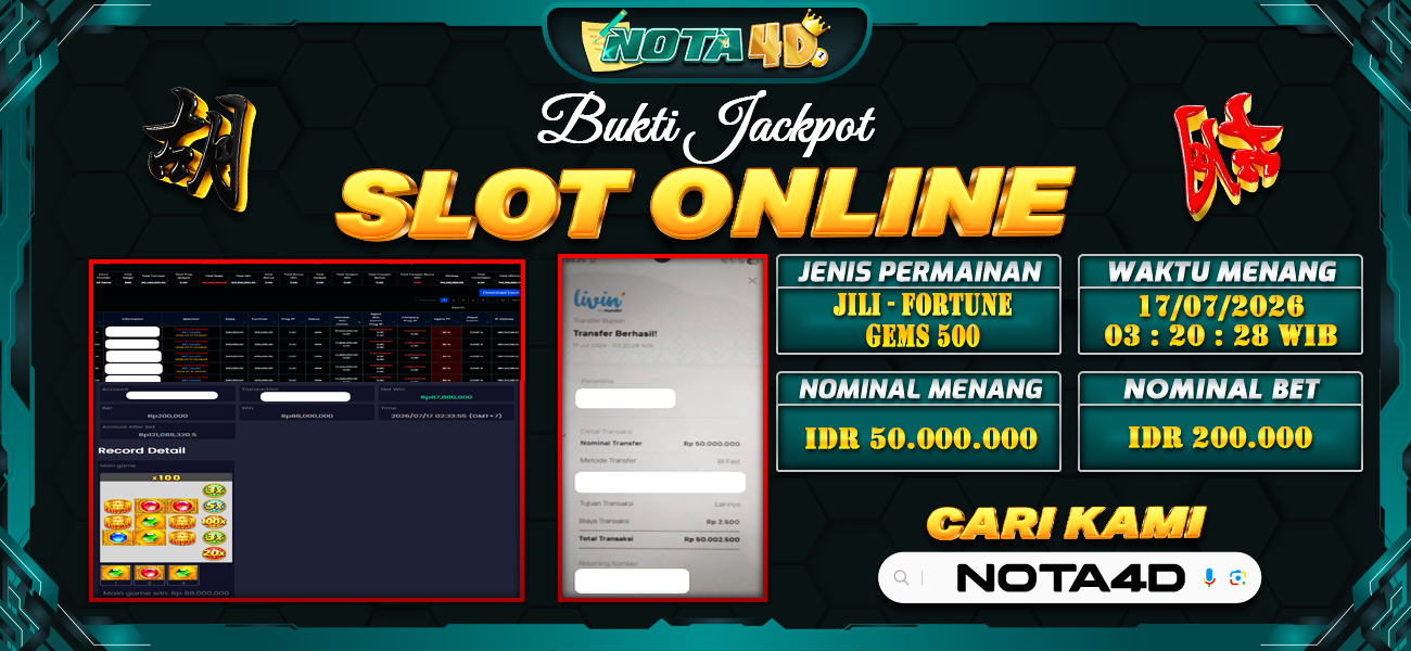 Bukti Kemenangan Besar Dibayar lunas Member NOTA4D RP 50.000.000, 17 Juli 2026