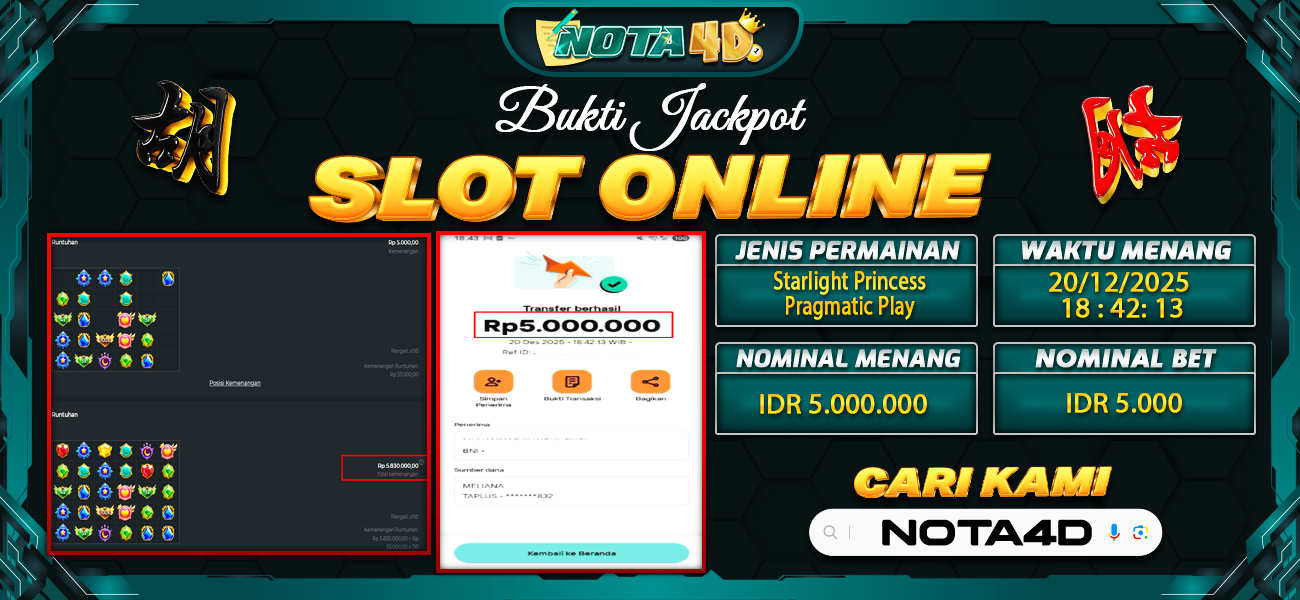 Bukti Kemenangan Besar Dibayar lunas Member NOTA4D RP 5.000.000, 21 Desember 2025
