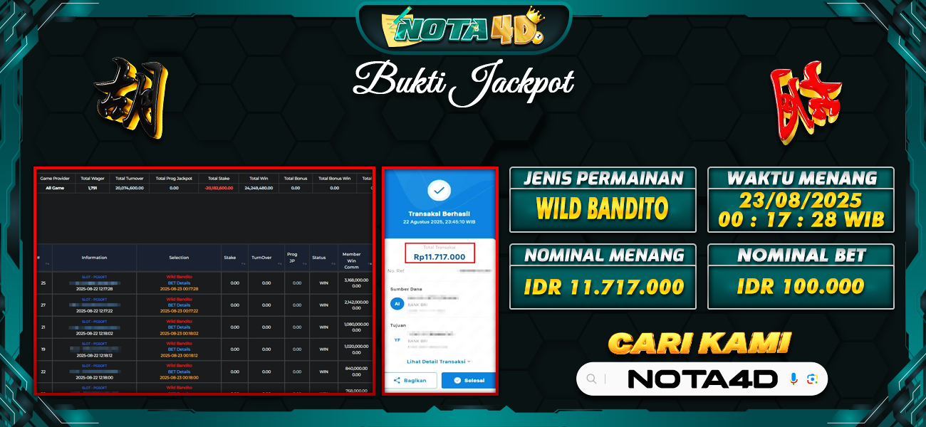 Bukti Kemenangan Besar Dibayar lunas Member NOTA4D RP 11.717.000, 23 Agustus 2025