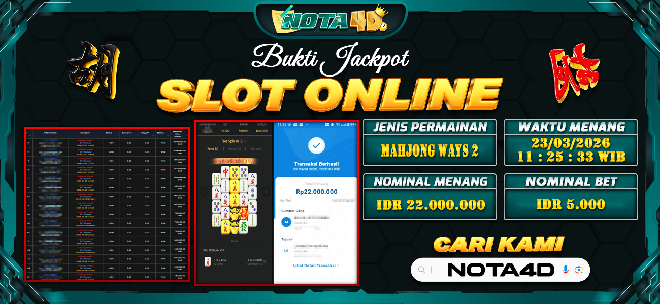 Bukti Kemenangan Besar Dibayar lunas Member NOTA4D RP 22.000.000, 23 Maret 2026