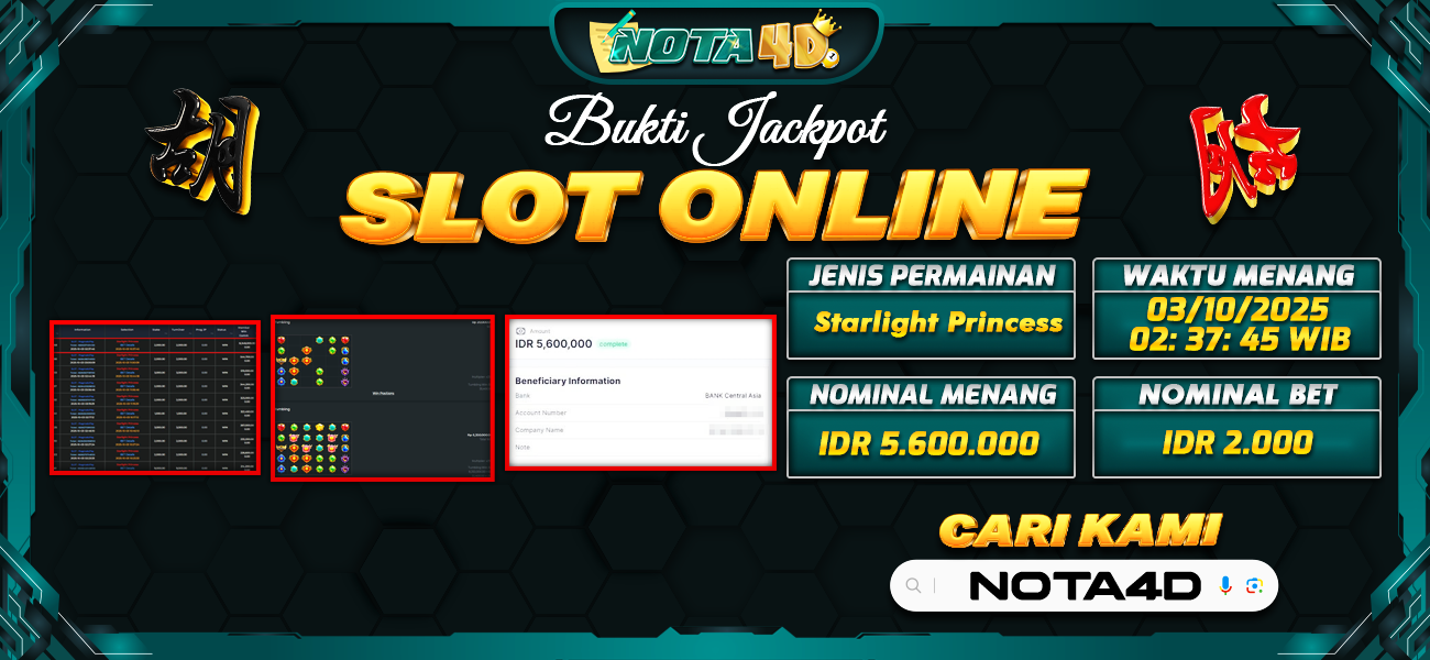 Bukti Kemenangan Besar Dibayar lunas Member NOTA4D RP 5.600.000, 3 Oktober 2025