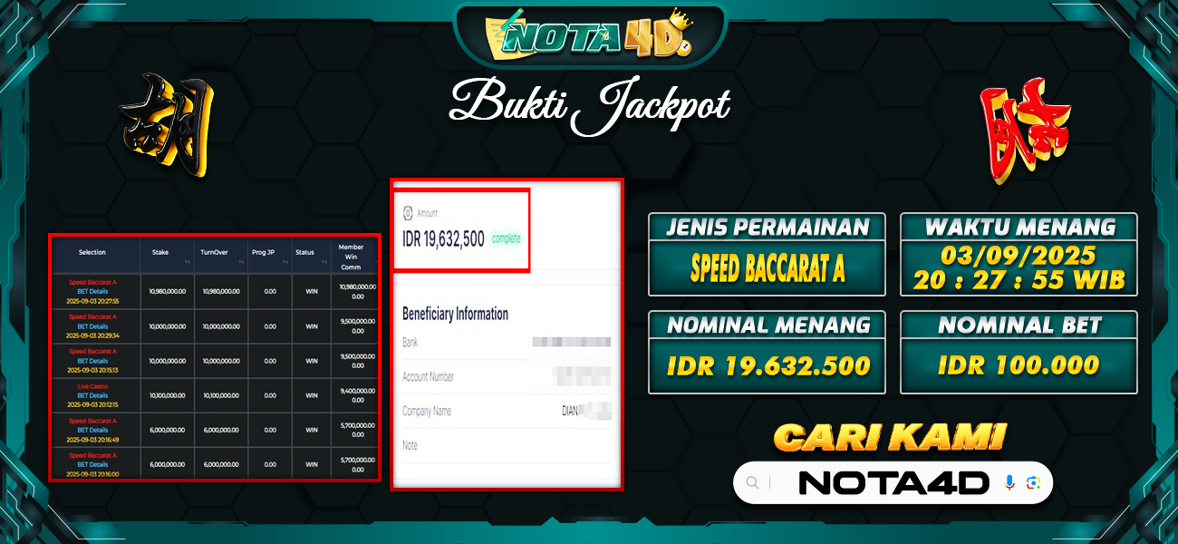 Bukti Kemenangan Besar Dibayar lunas Member NOTA4D RP 19.632.500, 3 September 2025