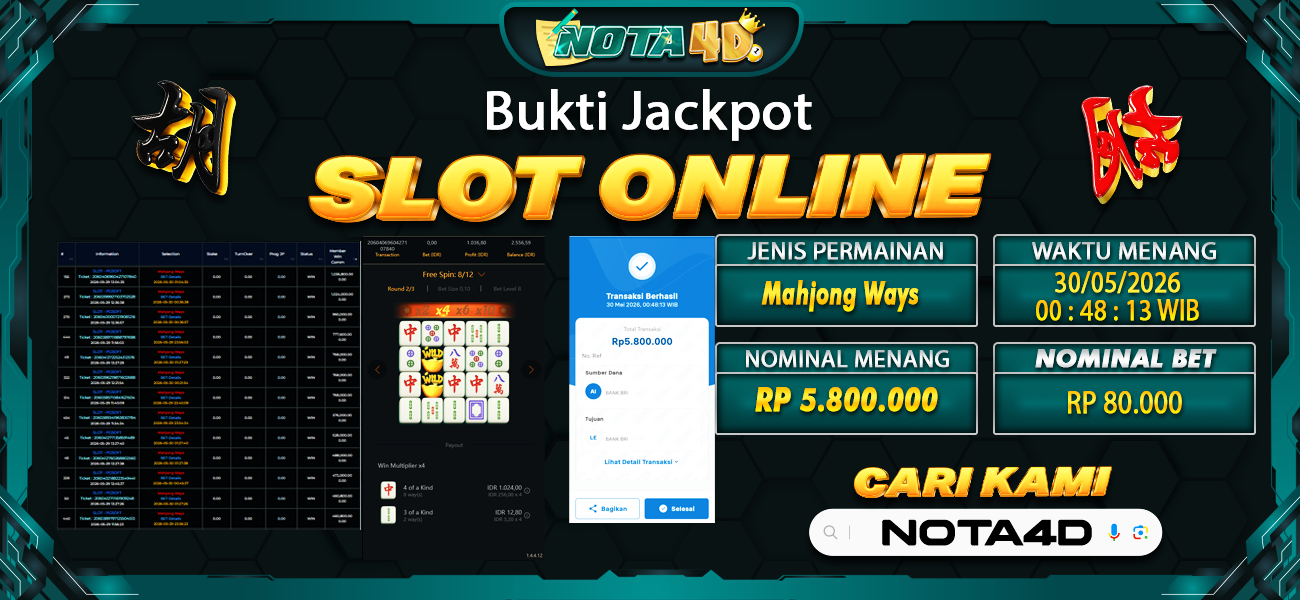 Bukti Kemenangan Besar Dibayar lunas Member NOTA4D RP 5.800.000, 30 Mei 2026