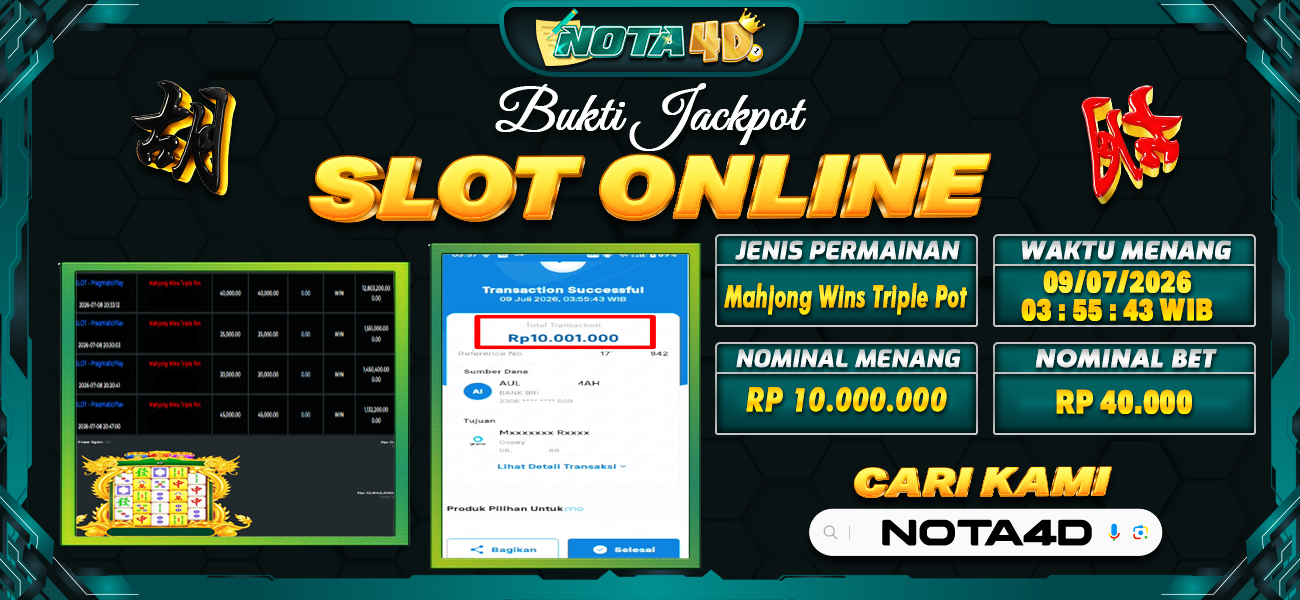 Bukti Kemenangan Besar Dibayar lunas Member NOTA4D RP 10.000.000, 9 Juli 2026